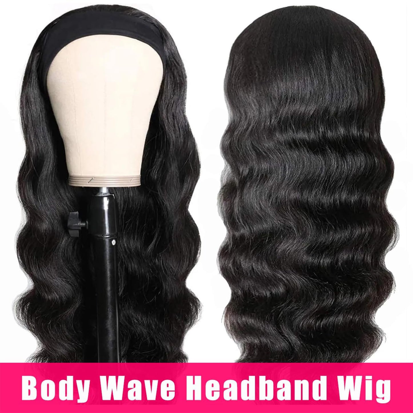 Headband Wig Human Hair Body Wave Headband Wigs None Lace Front Half Wig Glueless Virgin Brazilian Body Wave Machine Made Wigs for Black Women Brazilian Virgin Human Hair 16 Inch Natural Color