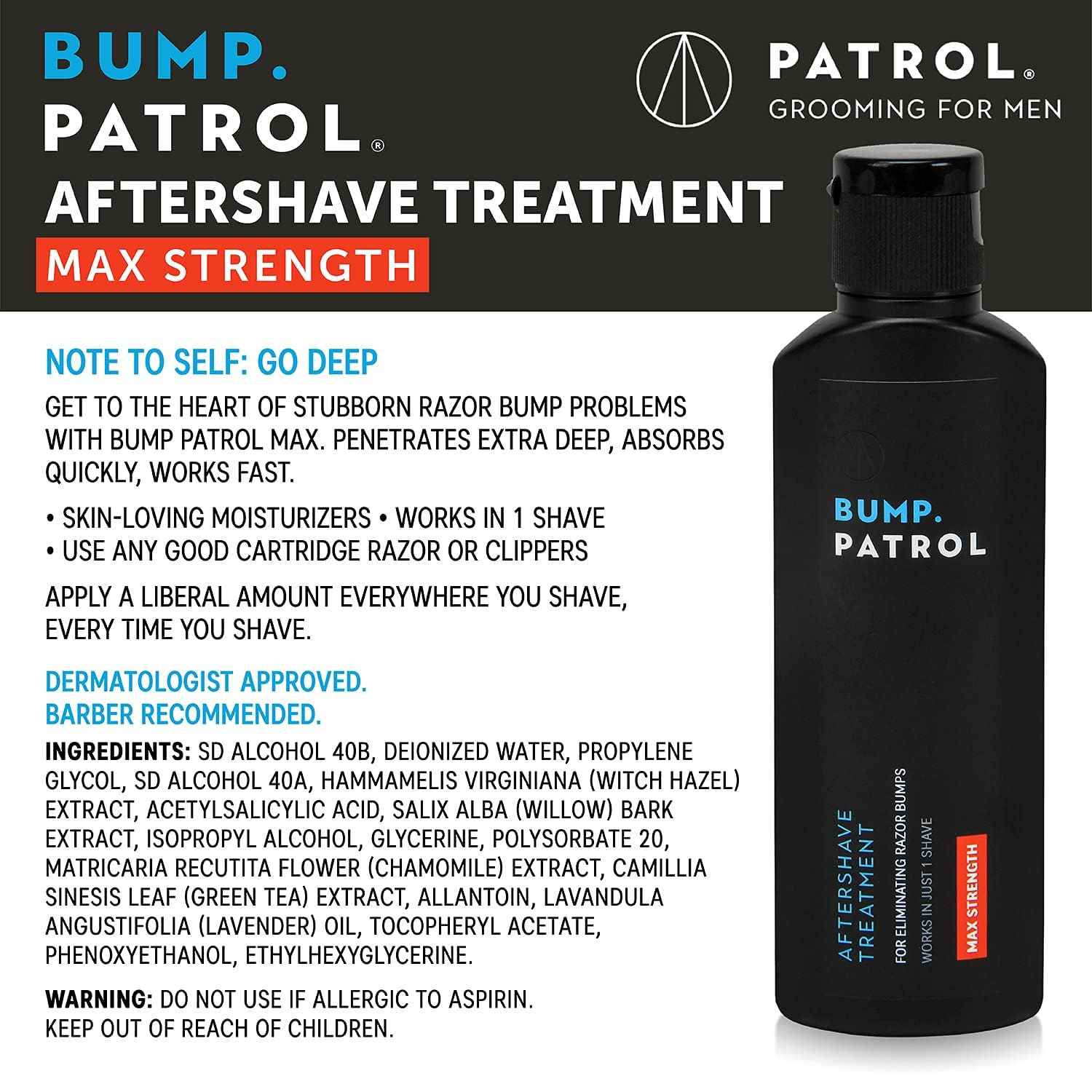 Bump Patrol Maximum Strength Aftershave Formula - After Shave Solution Eliminates Razor Bumps and Ingrown Hairs - 4 Ounces