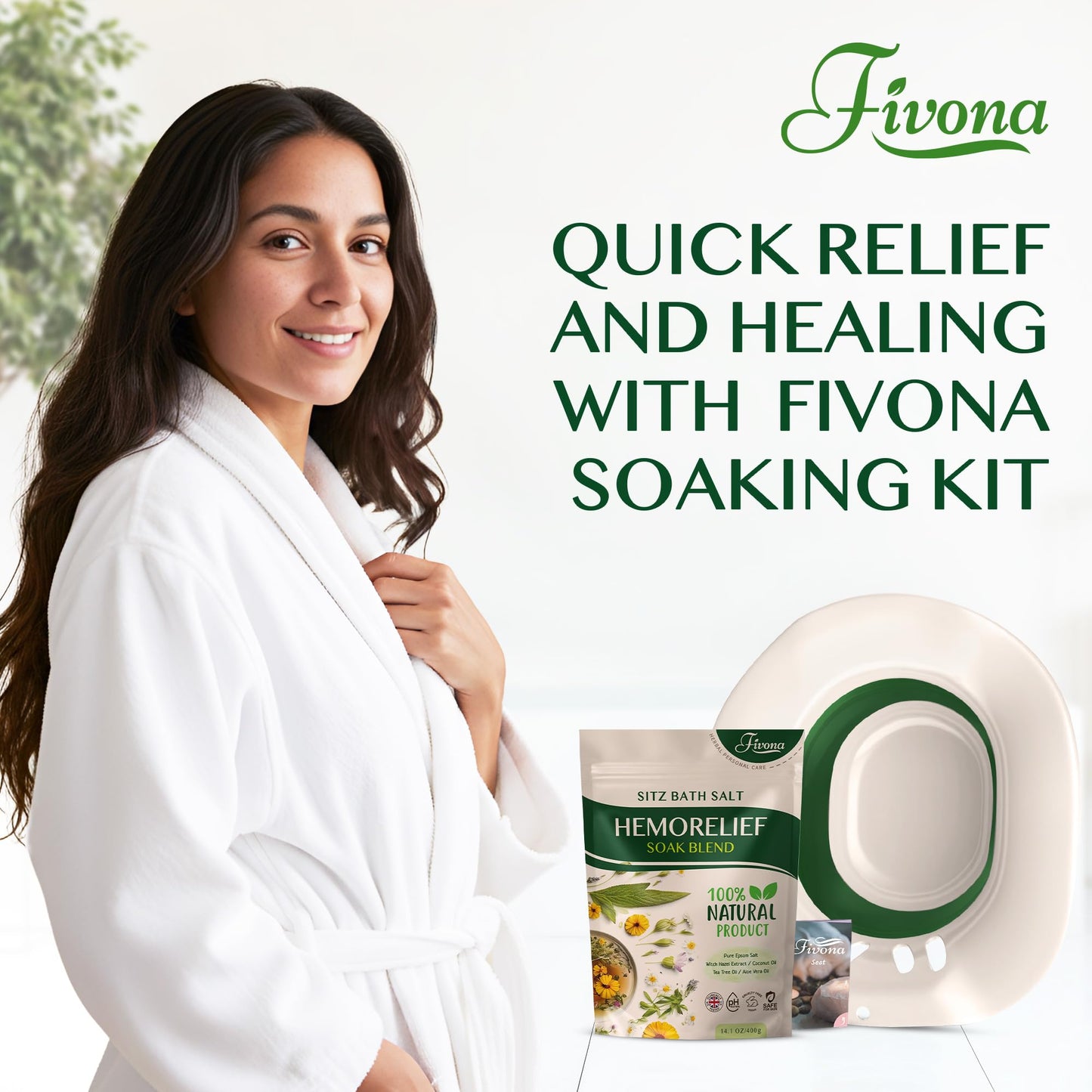 Fivona 2-in-1 Sitz Bath Soak Kit Over The Toilet Seat with Epsom Salt Blend with Essential Oils for Hemorrhoids and Postpartum Care Ideal for Perineal Soaking and Fast Irritation Relief