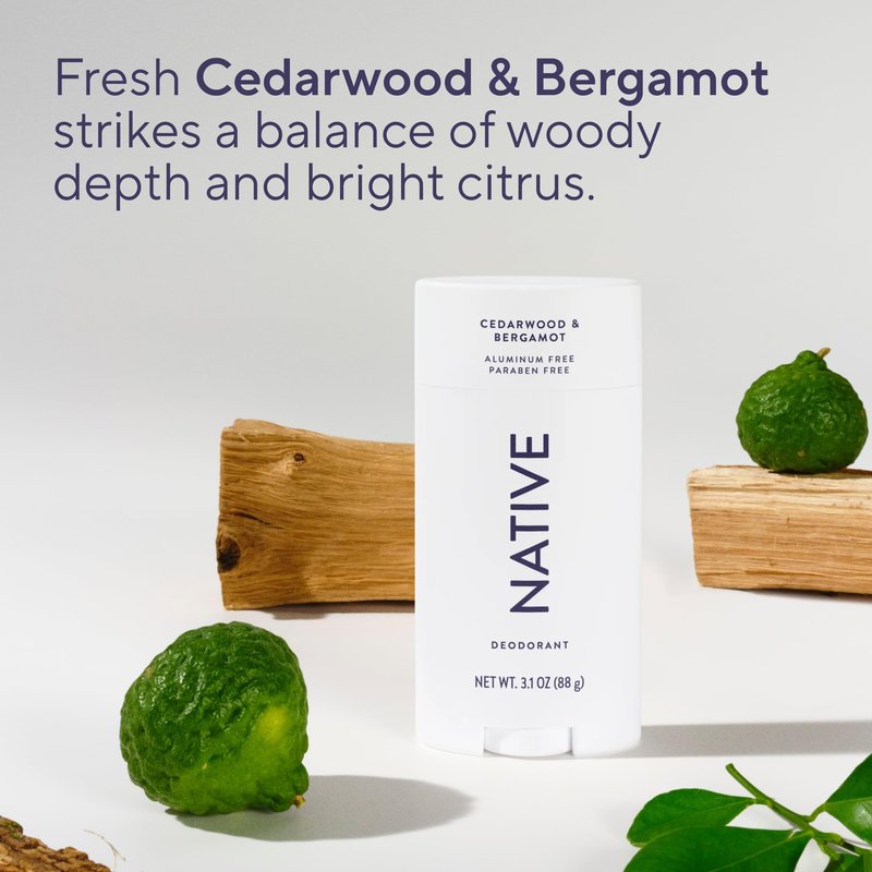 Native Aluminum Free Deodorant, Cedarwood & Bergamot, Large Size Stick, 72 Hour Odor Control, for Women & Men, Contains Naturally Derived Ingredients, 3.1 oz