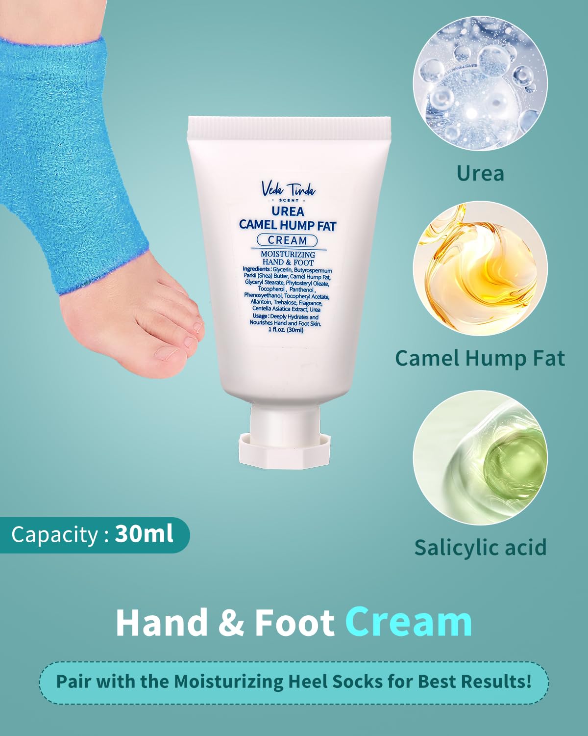 VTS Foot Care Kit - Tea Tree Oil, Urea Cream 40%, Salt Scrub, Feet Repair Serum & Moisturizing Socks for Dry Cracked Heels, Hands, Elbows, Knees