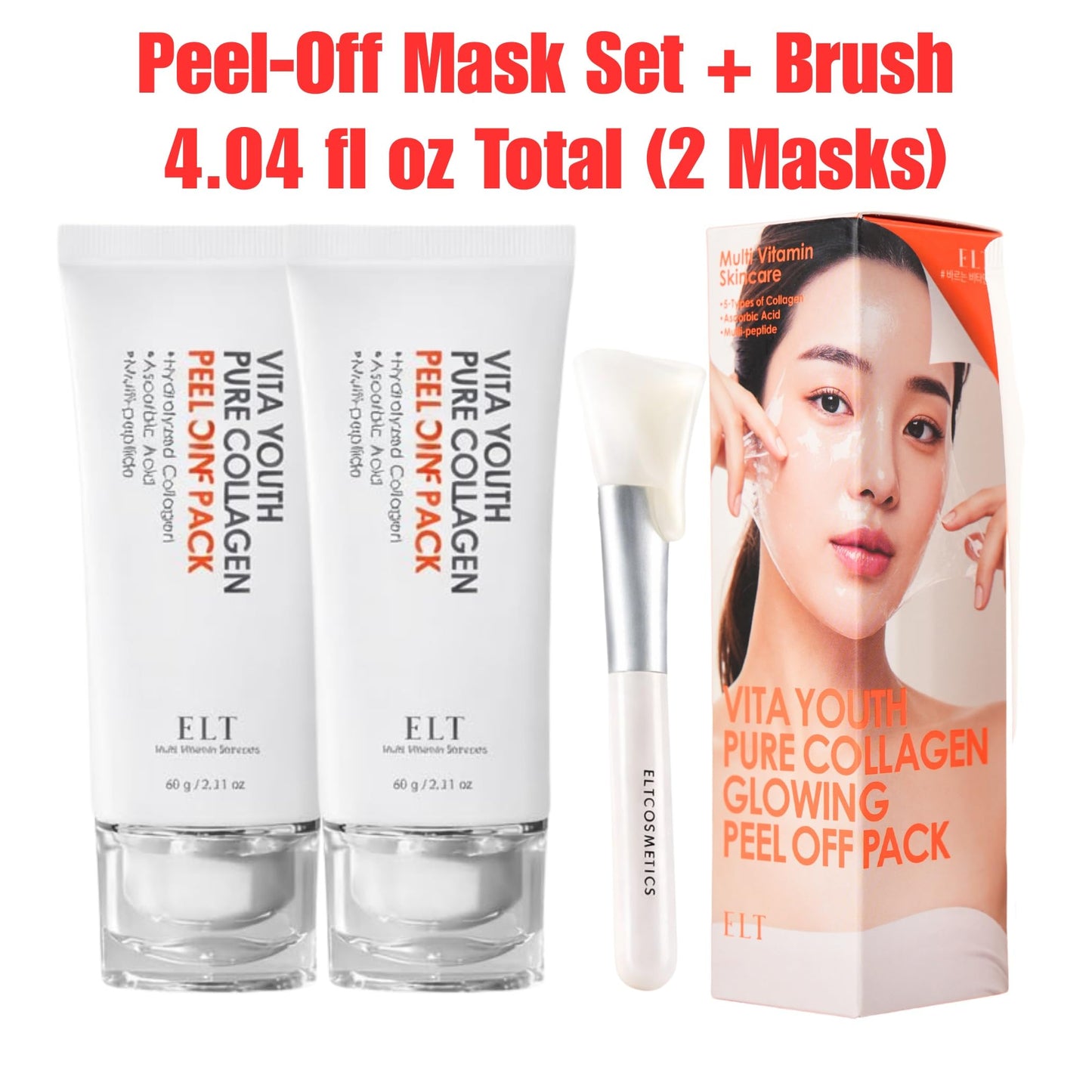 ELT Collagen Peel Off Wrapping Facial Mask Pack (4.04 fl.oz) with Silicone Brush - Korean Face Peel Mask - Hydrating & Firming Facial Mask with 5 Types of Collagen, 8 Peptides (2 count (Pack of 2))