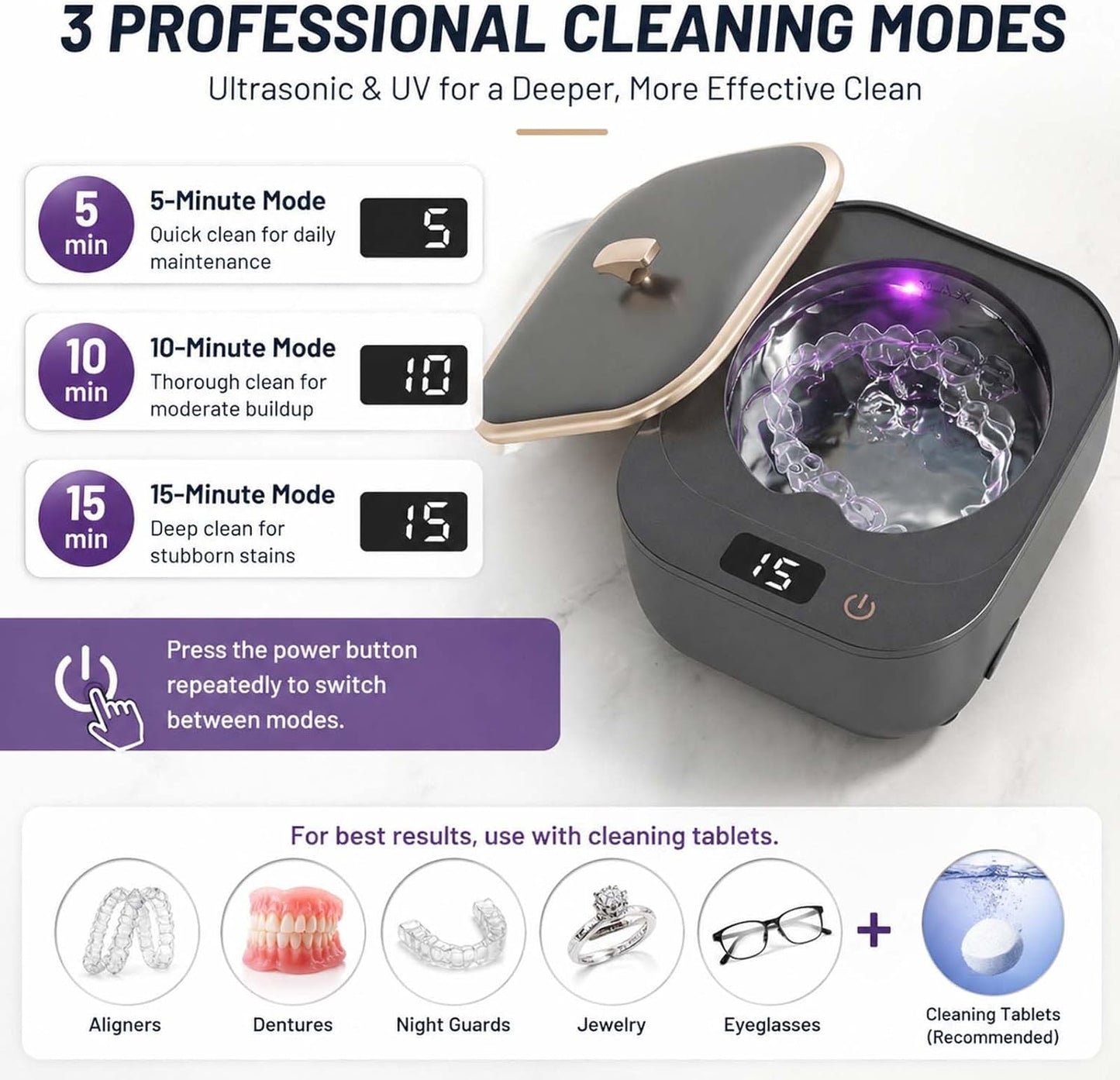Ultrasonic Retainer Cleaner - 48kHz Dental Cleaner for Aligners, Mouth Guards & Jewelry | 250ml Pod, 3 Cleaning Modes
