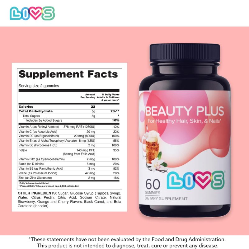LIVS Beauty Plus Gummy Vitamins - Biotin Gummies for Hair, Skin and Nails | Natural, Gluten-Free, Non-GMO Beauty Supplement with Vitamins A, C, E, B12, D2, Zinc & More - Cream Soda Flavor - 120 Ct