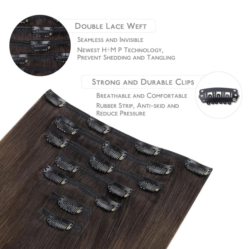 WENNALIFE Clip in Hair Extensions Real Human Hair, 12 Inch 80g 7pcs Remy Hair, Ombre Dark Brown to Light Chestnut Brown Straight Natural Extensiones De Cabello Humano Con Clip Ins