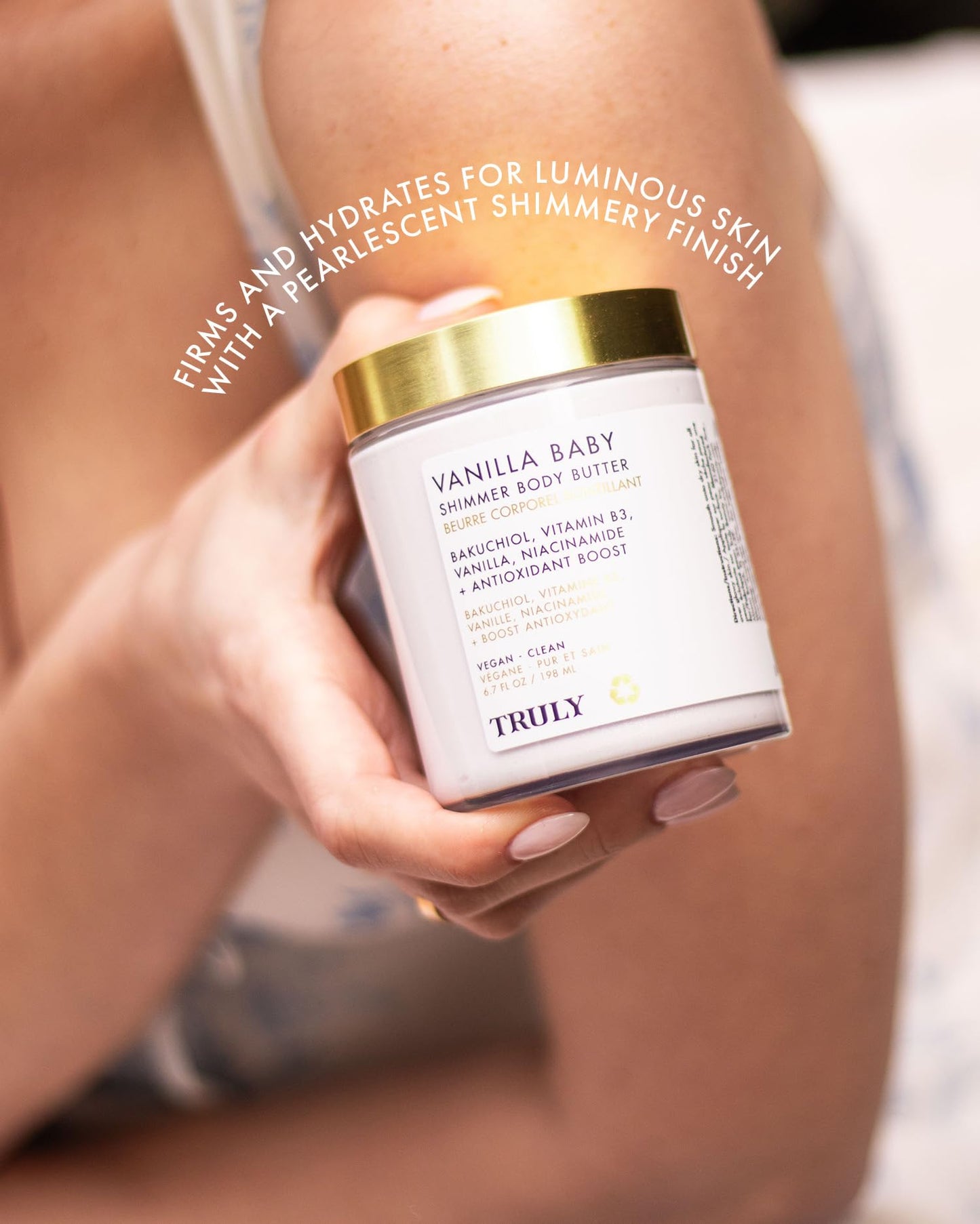 Truly Beauty Vanilla Baby Shimmer Body Butter | Smoothing & Firming Body Moisturizer with Bakuchiol & Niacinamide | Softens, Plumps & Illuminates Skin | Pearlescent Glow & Sweet Vanilla Scent