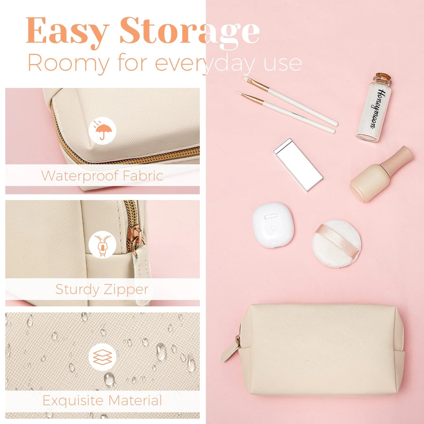 Dunzy 8 Pcs Makeup Bag Pu Leather Cosmetic Pouch Waterproof Small Toiletry Bag Portable Cosmetic Organizer Water Resistant Storage Purse for Lady Women Daily Storage Travel Organizer (Beige,Medium)