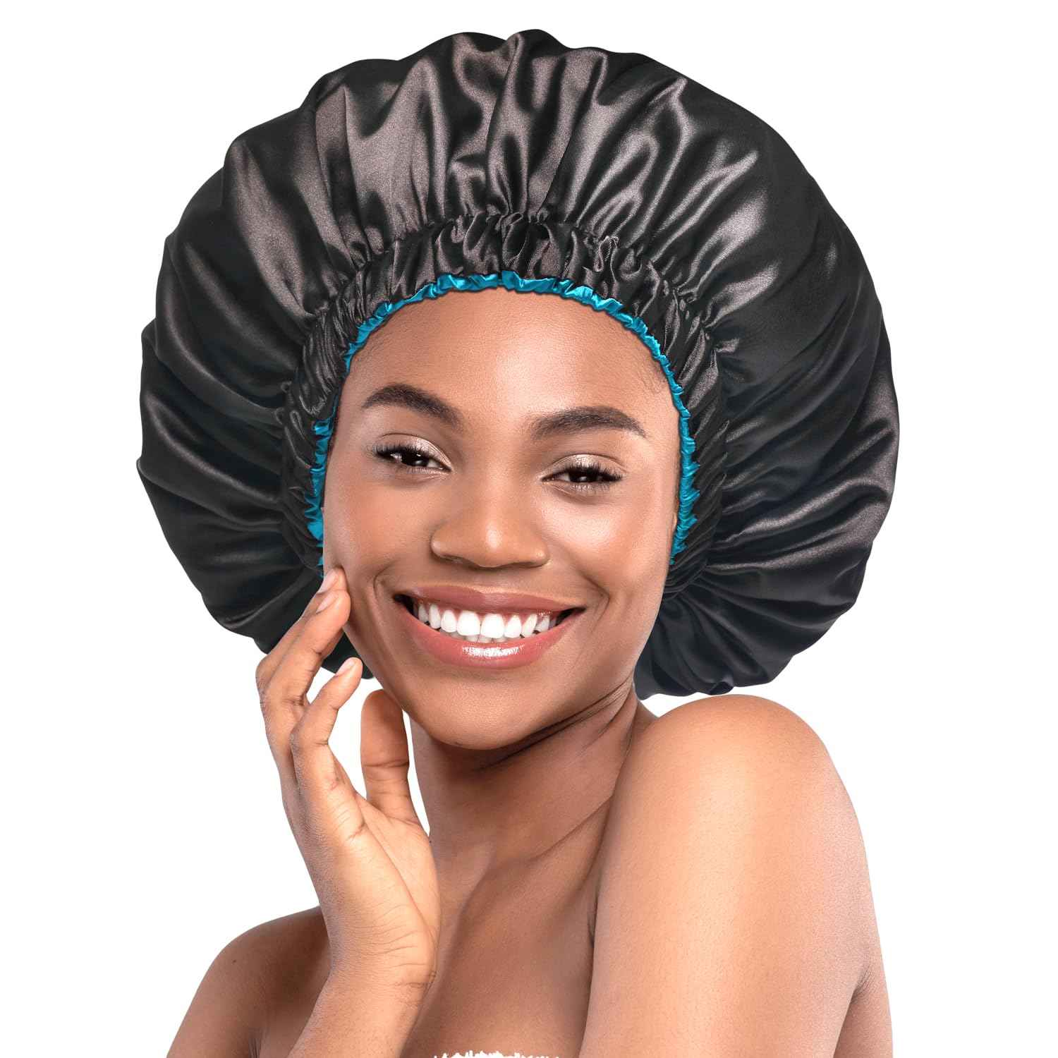 mikimini Black Satin Bonnet for Sleeping + Rainforest Bath Shower Cap with Pink Lace