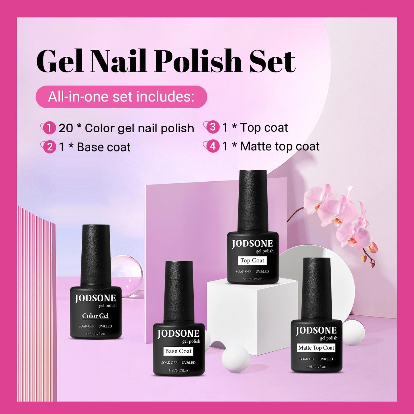 JODSONE Gel Nail Set 20+3 Colors High Shine Gorgeous Gel Polish Base Top Matte Coat Nice Gifts Show Charm