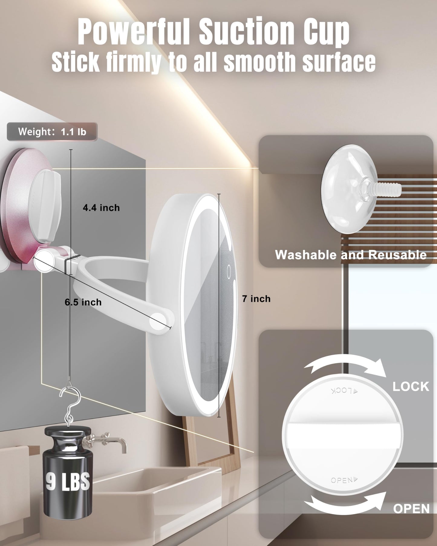 vpu 15X/1X Wall Mounted Magnifying Makeup Mirror with Power Suction Cup, Rechargeable Double Sided Regular HD/Magnification 3 Color Modes Adjustable Brightness Mirror with Lights for Bathroom, Travel
