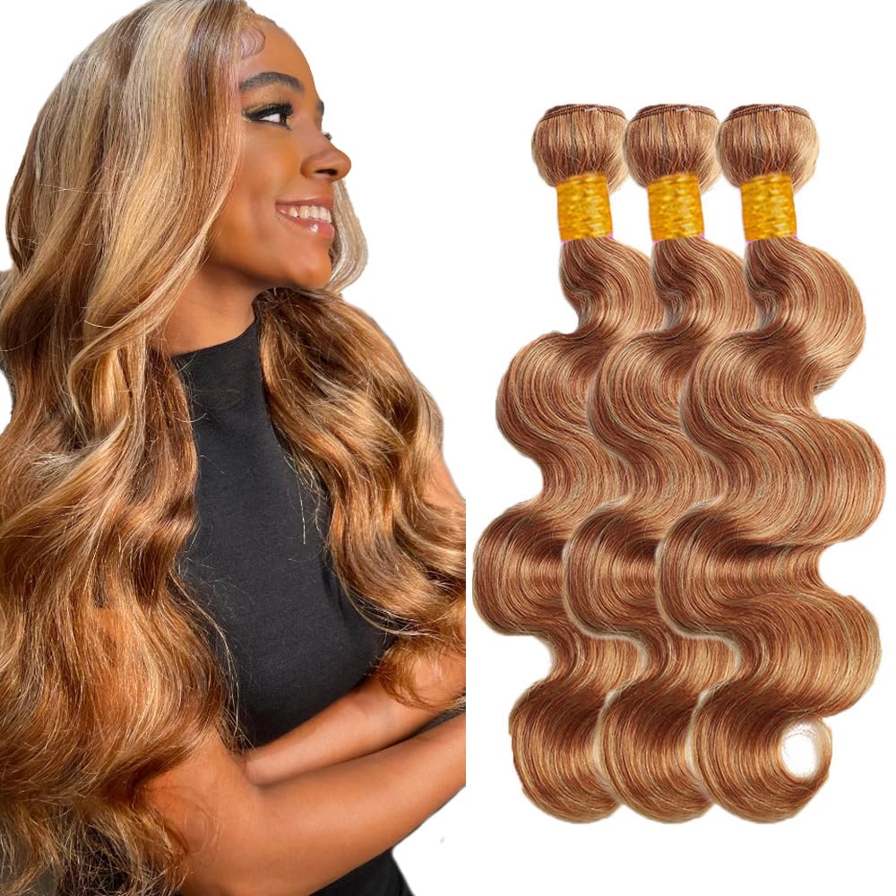 300g P2730 Bundles Human Hair Honey Blonde Body Wave Bundle Brazilian Unprocessed Virgin Hair 3 Bundles 24 26 28 Inch Double Weft 2 Tone Blonde and Light Brown Bundle Hair Weave
