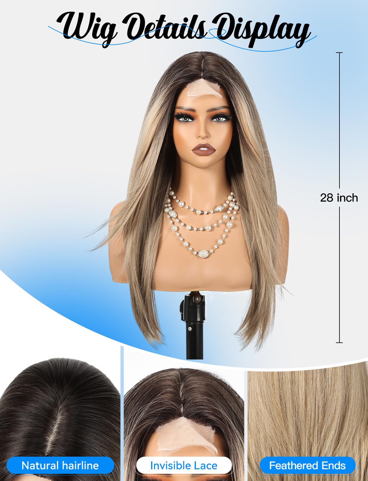 HAIRCUBE Long Straight Wig for Women, Heat Resistant Synthetic Hair with Bangs, Natural Looking Pre-Cut Lace Front Wig, Soft & Lightweight for Daily Use, Cosplay, Parties (Blonde)