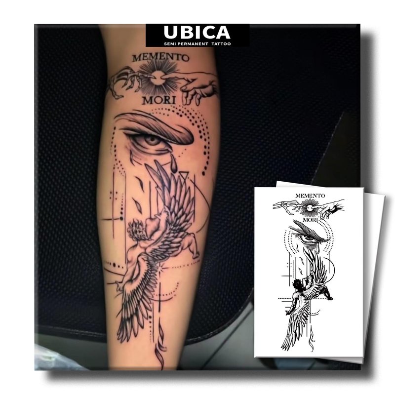 UBICA Tattoo Tech, 2 Sheets Extra-Large Semi Permanent Tattoo, Adult Art Design Temporary Tattoos, Lasts 7-15 Days, Waterproof, Realistic look, No Adhesive, No reflection (Descending Angel Design)