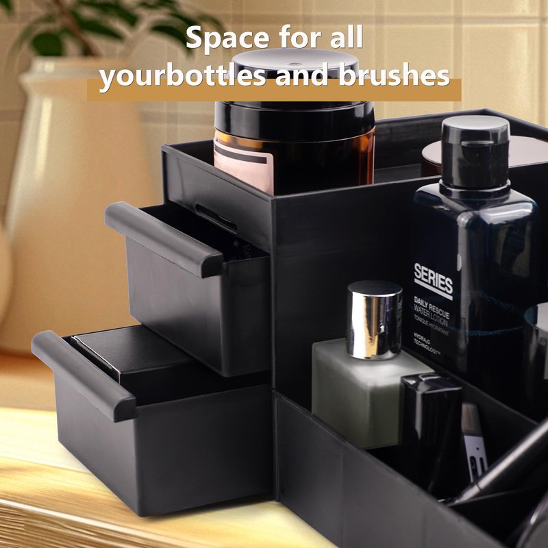 Decorcode Black Vanity Organizer with Drawers – Large Mens Countertop Storage Box for Cologne, Skincare, Makeup, Perfume – Waterproof Dresser Organizer for Bathroom, Bedroom, Desk