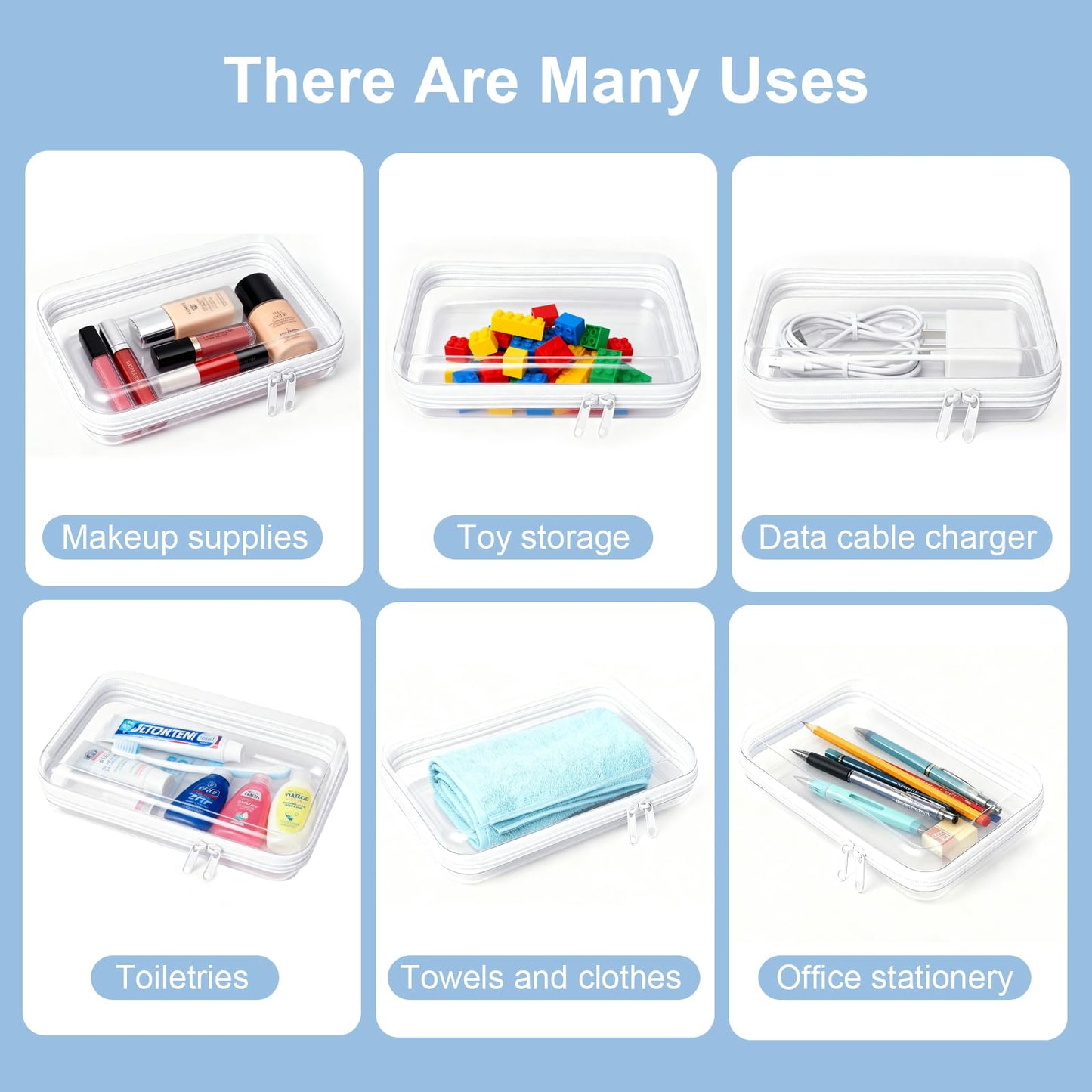 6 pcs Clear Hard Shell Zipper Case, Travel Makeup & Toiletry Organizer, Zippered Toy Storage, Pencil Case, Toy Storage Box, Hard Plastic Cosmetic Bag for Storage ,Travel Transparent Zipper Storage Box