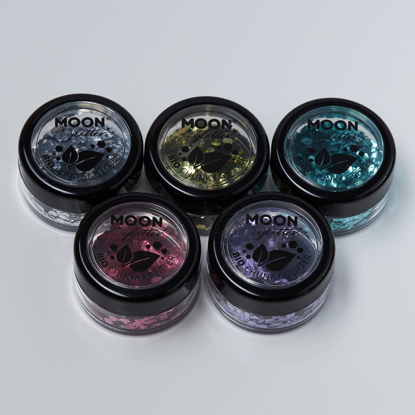 Biodegradable Eco Chunky Glitter by Moon Glitter - 100% Cosmetic Bio Glitter for Face, Body, Nails, Hair and Lips - 3g - Set of 5 - plus Glitter Fix Gel