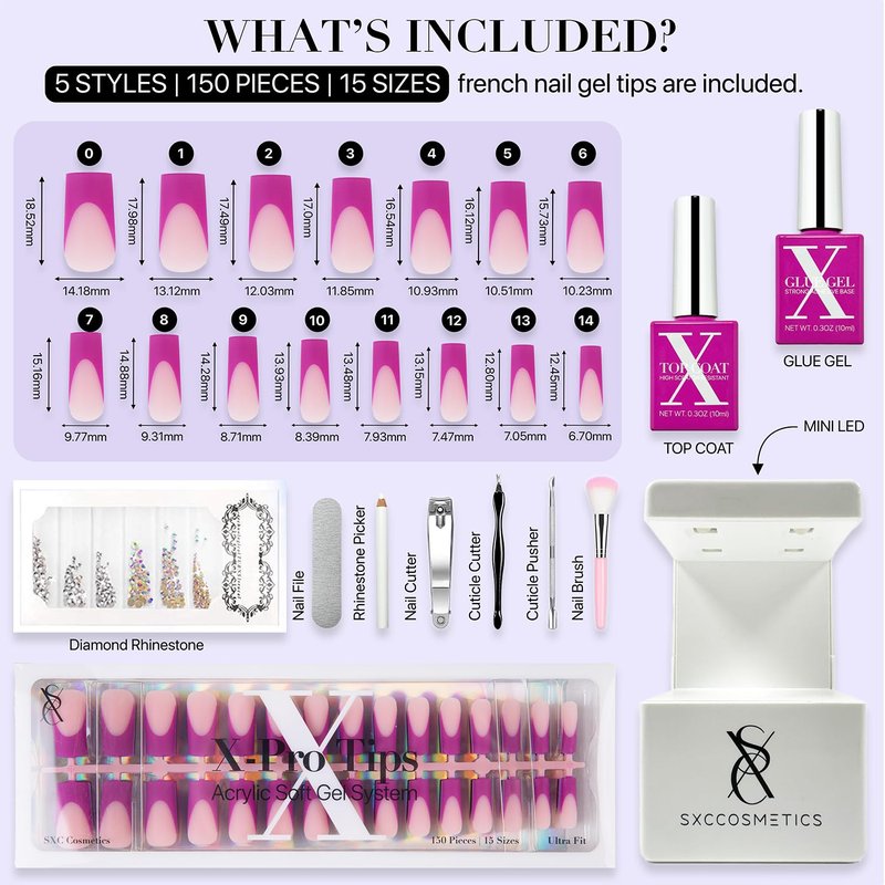 SXC Cosmetics French Tip Press On Nails – Purple Series, Medium Square, X-Pro Tips Starter Kit | 150PCS, 15 Sizes, 5 Styles, Beginner-Friendly