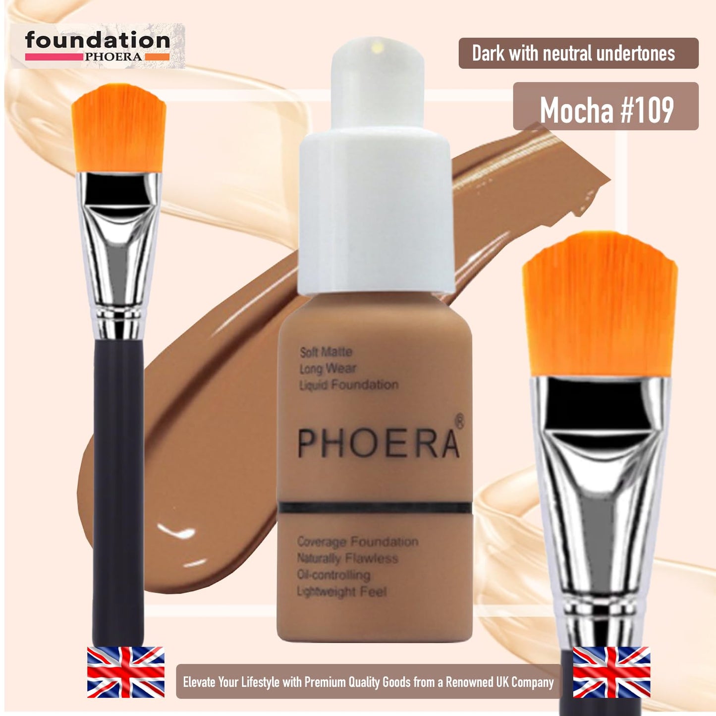 Phoera Foundation Set - Matte Cream Full Coverage Foundation Kit with Makeup Brush & 109 Mocha Shade | 30ml, 24hr Oil Control