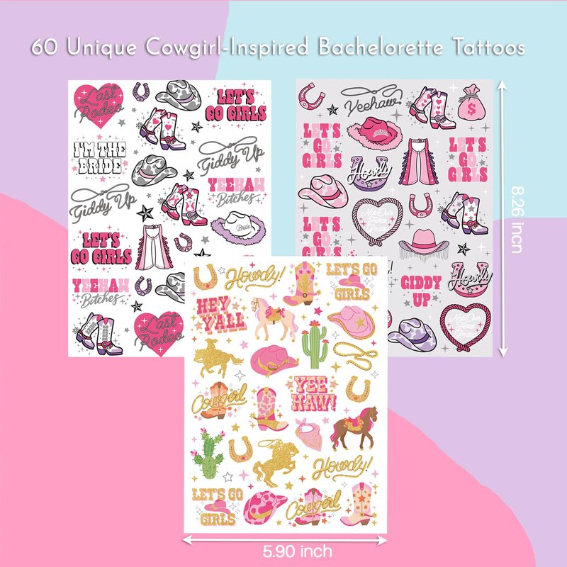 Bachelorette Party Temporary Tattoos: 60pcs Last Rodeo Western Style for Bride & Bridesmaids - Waterproof Glitter Stickers for Bach Party Decorations