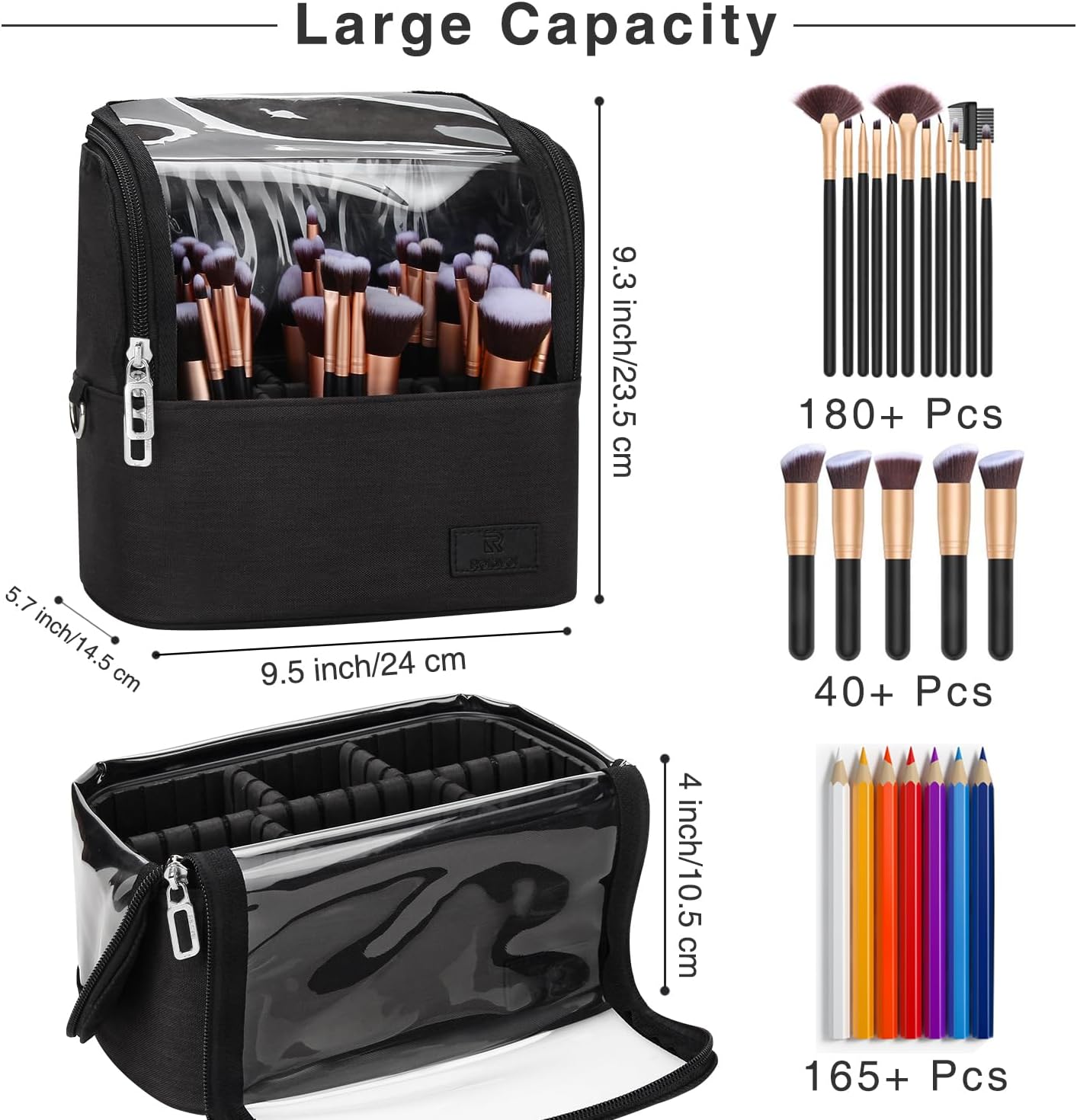 Makeup Brush Organizer - Travel-Friendly Stand-Up Holder with Adjustable Divider | Large Black Cosmetic Case