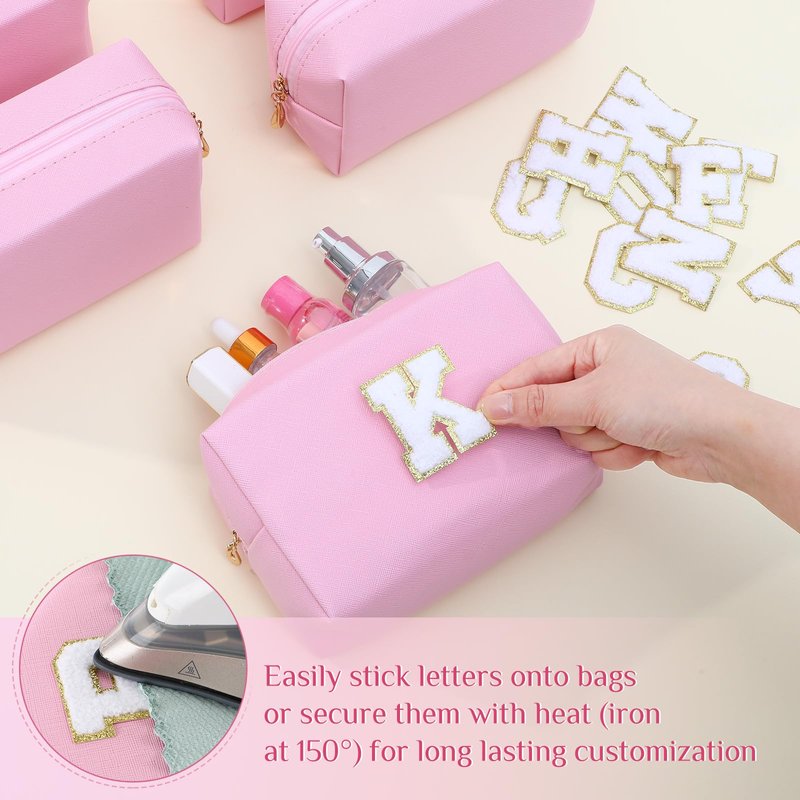 Kigeli 10 Pcs Aesthetic Makeup Bag with 26 Chenille Letters PU Leather Initial A-z Preppy Patch Bag Bachelorette Party Favors Cosmetic Pouches for Women with Zipper Bridal Shower Favors(Pink)