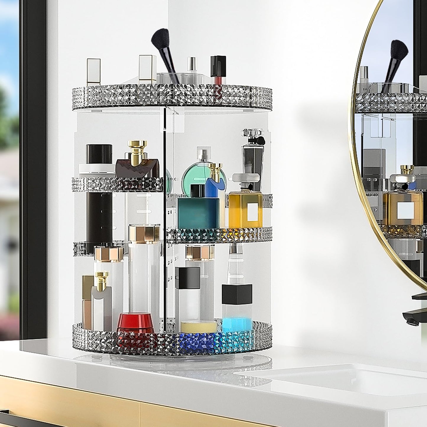 HEMTROY 360 Degree Rotating Makeup Organizer, Extra Large Capacity Cosmetic Storage Unit, Removable DIY 7 Layers Skincare Organizer, Acrylic Beauty Perfume Organizer for Vanity Countertop (Gray)