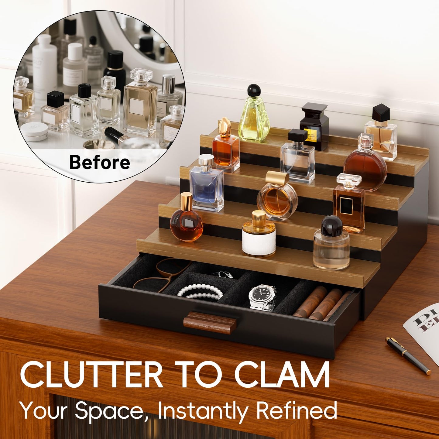 4 Tier Cologne Organizer for Men, Wooden Cologne Stand, Perfume Display Stand with Felt Lining Drawer & 2 Hidden Compartments, Gift for Men, Walnut