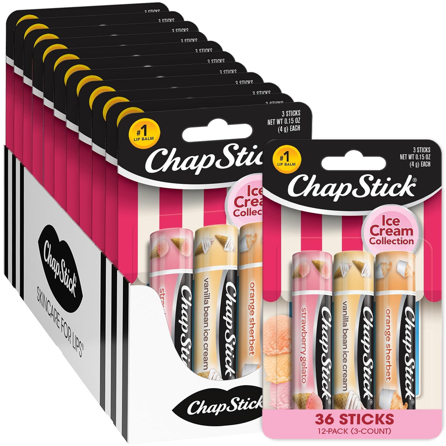 ChapStick Bulk Lip Balm, Ice Cream Collection, 3-Packs (12 Sets/36 Tubes) – Fun & Flavorful Lip Care, Birthday Gifts, Party Favors, Stocking Stuffers, 0.15 Oz Ea