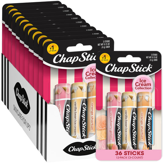 ChapStick Bulk Lip Balm, Ice Cream Collection, 3-Packs (12 Sets/36 Tubes) – Fun & Flavorful Lip Care, Birthday Gifts, Party Favors, Stocking Stuffers, 0.15 Oz Ea