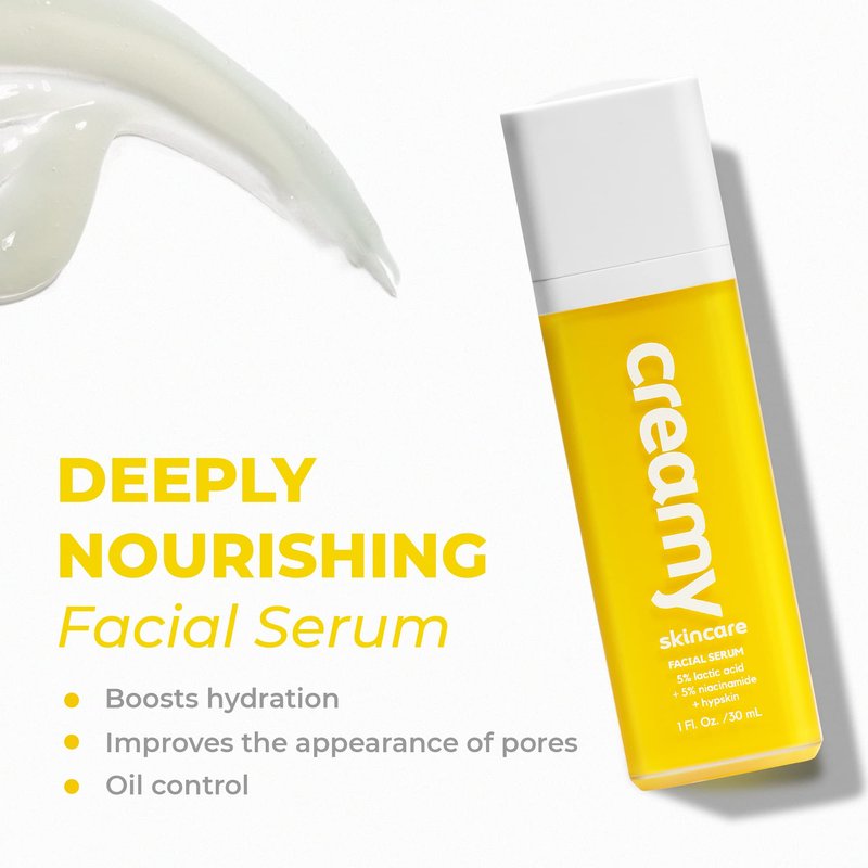 Creamy Skincare Hydrating 5% Serum, Moisturizing Face-Exfoliator with 5%, 5% Niacinamide, and Hypskin, Face Serum for Dry and Dull Skin, Gentle on All Skin Types, 1 fl oz/ 30mL