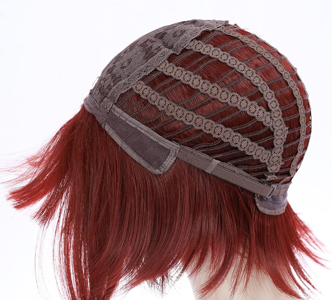 PATTNIUM Red Wig for Kids Girls Short Red Wig with Bangs Child Dark Red Ponytails Wig Include 2 Detachable Buns with Clips Synthetic Wig with Wig Cap(Red)