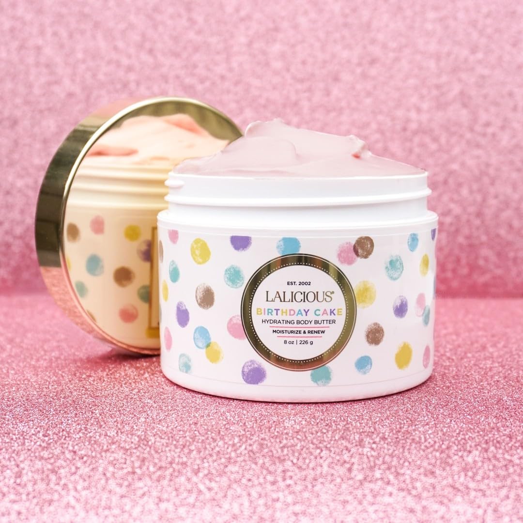 LALICIOUS Birthday Cake Whipped Body Butter 8oz | Ultra-Hydrating Shea Butter Body Cream with Hyaluronic Acid, Vitamin C & Peptides | Deep Moisturizing Lotion for Dry Skin | Firming & Skin-Softening