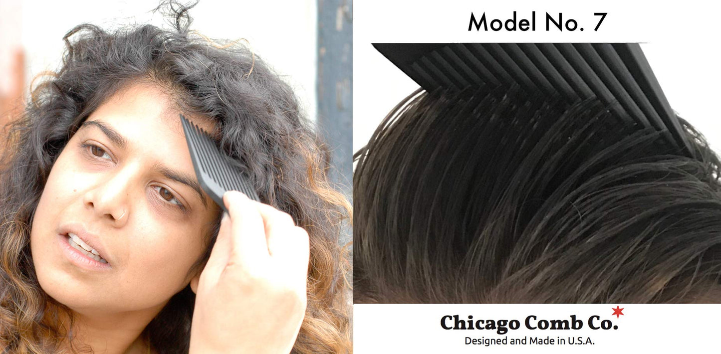 Chicago Comb No. 7 Carbon Fiber + Horween Dublin Black leather sheath, Made in USA, Detangling Pick & Lift Comb, Men & Women, Long, Curly & Thick Hair, Big Beards & Afros, Anti-Static, 6" (15 cm) Long