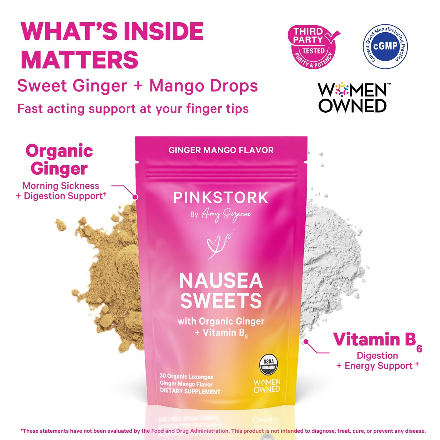 Pink Stork Organic Mango Sweets with Vitamin B6 for Morning Sickness and Motion Sickness, Added Ginger & Vitamin B6, 1st Trimester Pregnancy Must Haves - 30 Wrapped Candies