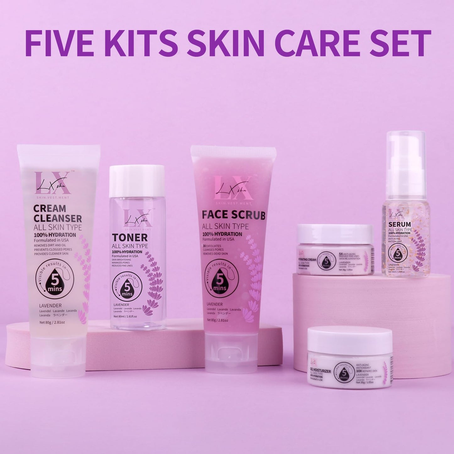 LXSKN Skin Care Set - Face Care with Cleanser Face Scrub Toner Serum Gel Moisturiser & Hydrating Cream to Reveal Glowing Skin