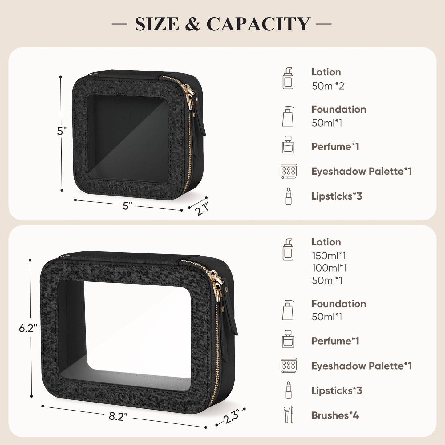 MSTONAL Clear Makeup Bag, Travel Toiletry Bag Cosmetic Case for Women, Waterproof Portable Make Up Skincare Pouch with Zipper, Compact Car Organizer Bag for Essentials, Medium Size, Black