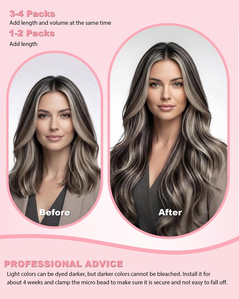 Microlink Hair Extensions - 14-Inch Real Human Hair | Natural Black & Bleach Blonde Mix, 50g/Pack