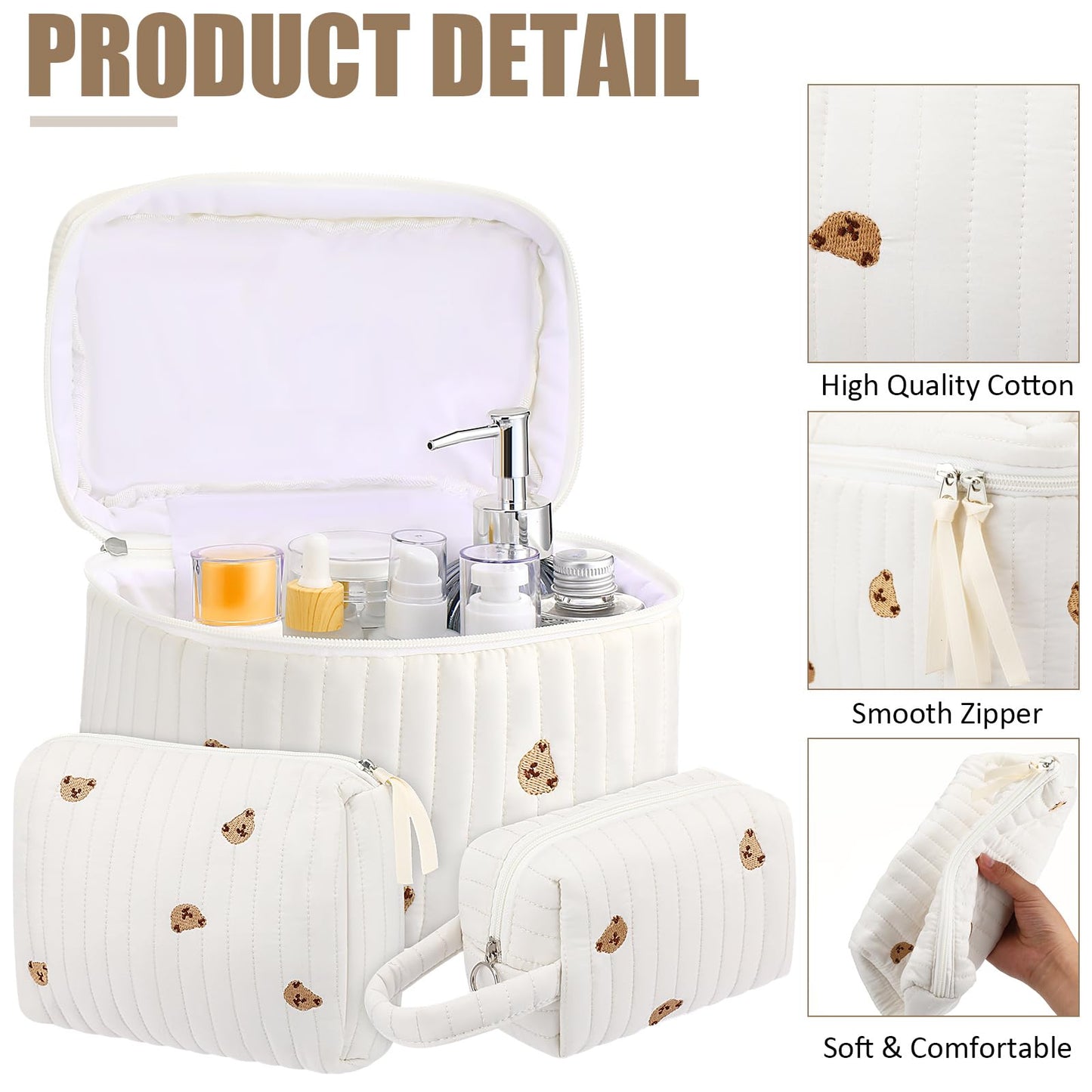 Paterr Makeup Bag Set 3 Pcs Large Quilted Cotton Make up Bags for Women Cosmetic Travel Toiletry Organizer Pouch Cute Aesthetic Storage Purse(White,Little Bear)