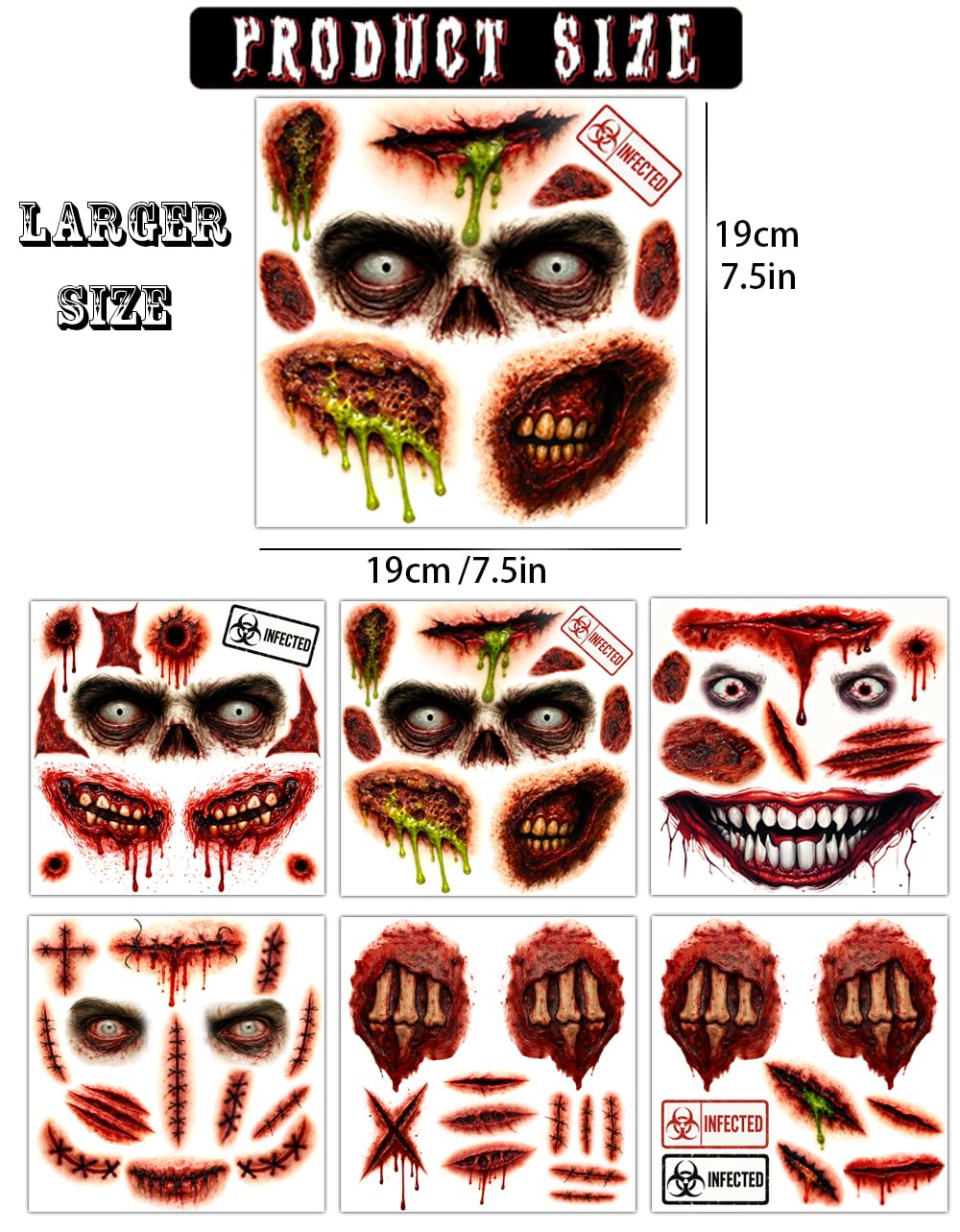 Halloween Zombie Tattoos Kit – 6 Sheets (4 Zombie Tattoos + 2 Wound Tattoos) – Fake Scars Temporary Tattoos for Adults, Women, Men – Realistic Zombie Makeup Kit, Scary Halloween Makeup Accessories (A)