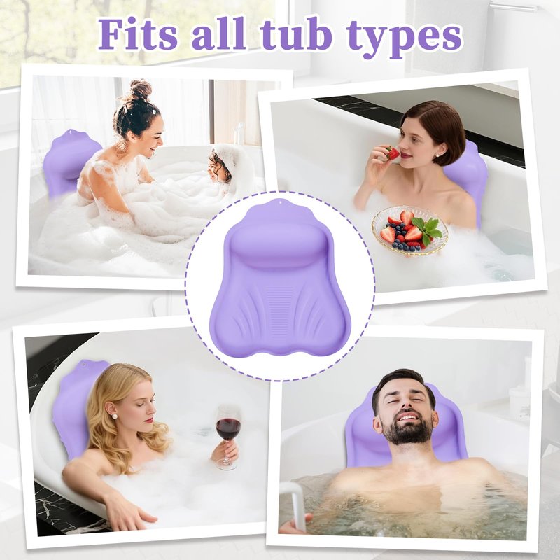 Luxury Silicone Bath Pillow for Tub, New Cloud-Soft 4D Air-Cushion Bathtub Pillow for Head and Neck & Back Support, Strong Suction Cups, Waterproof Quick-Dry Bathtub Headrest (Purple)
