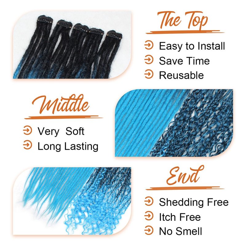 Clip-In Dreadlock Extensions - 24 Inch Synthetic Dreads for Women | 10 PCS Mixed Colors, Thin Straight 1B-Blue