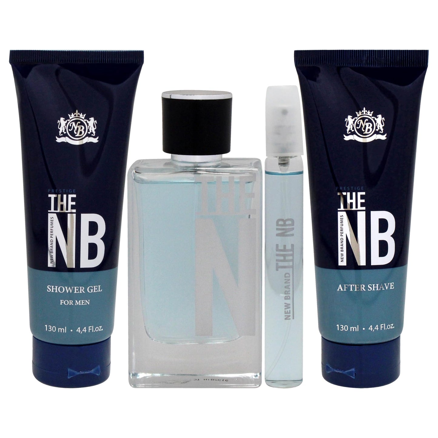 New Brand Prestige The NB 4 Pieces Gift Set for Men, (3.3 Ounce Eau de Toilette Spray + 4.4 Ounce Shower Gel + 4.4 Ounce After Shave Balm + 0.5 Ounce Eau de Toilette Mini Spray)