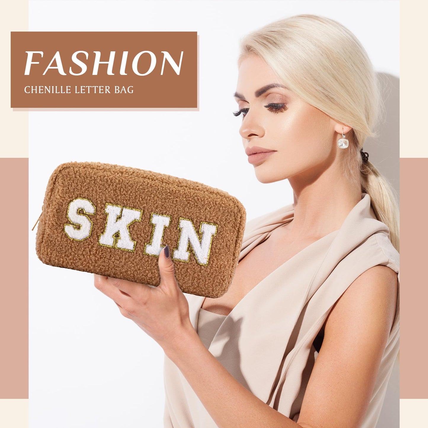 Paterr 4 Pcs Chenille Letter Preppy Patches Makeup Pouch Bag Plush Fuzzy Makeup Pouch Hair Skin Face Stuff Bag Cute Cosmetic Purse Zipper Travel Toiletry for Wedding Birthday Gifts(Pink Brown Colors)