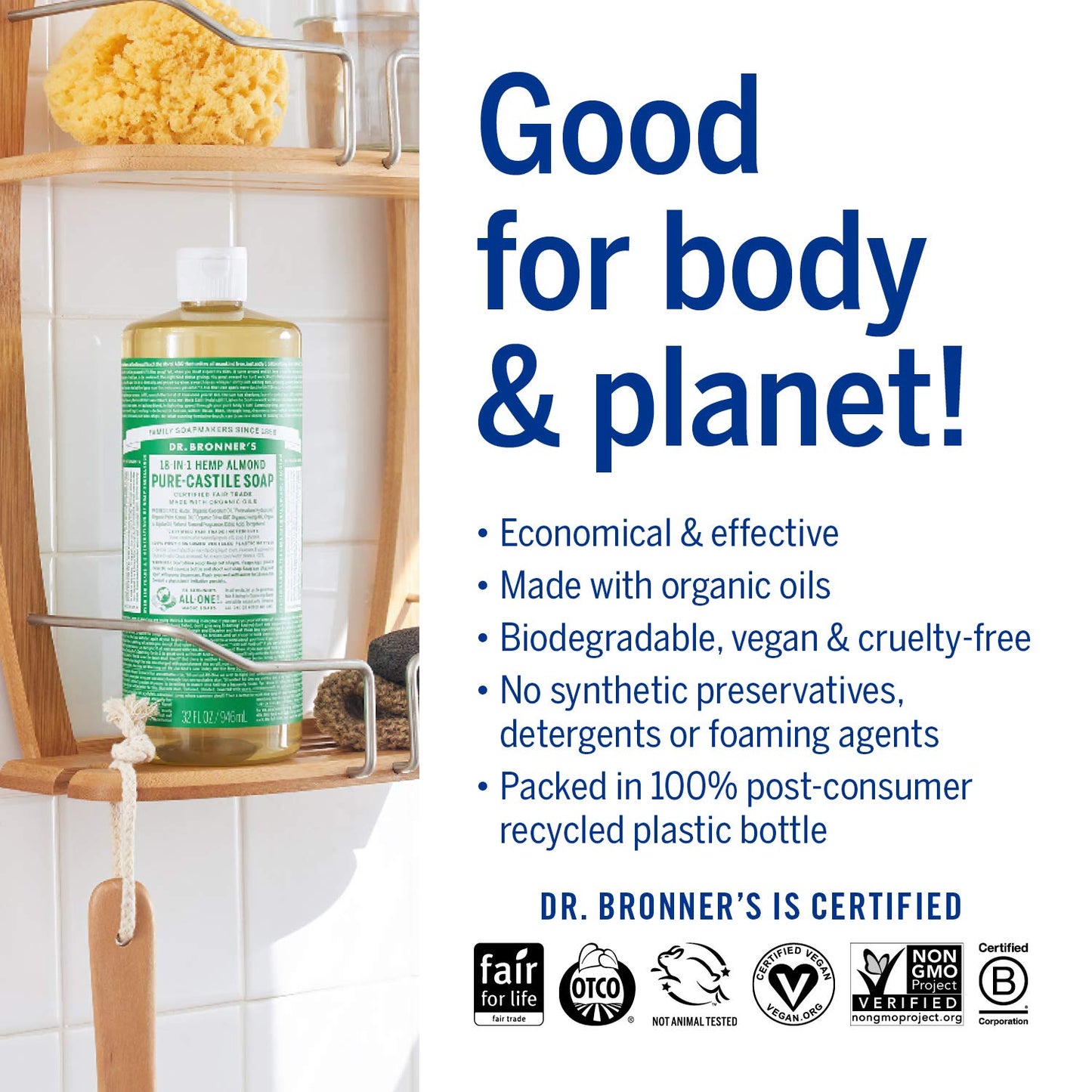 Dr. Bronner's Pure-Castile Liquid Soap – Almond Bundle. 32 oz. Bottle and 2 oz. Travel Bottle