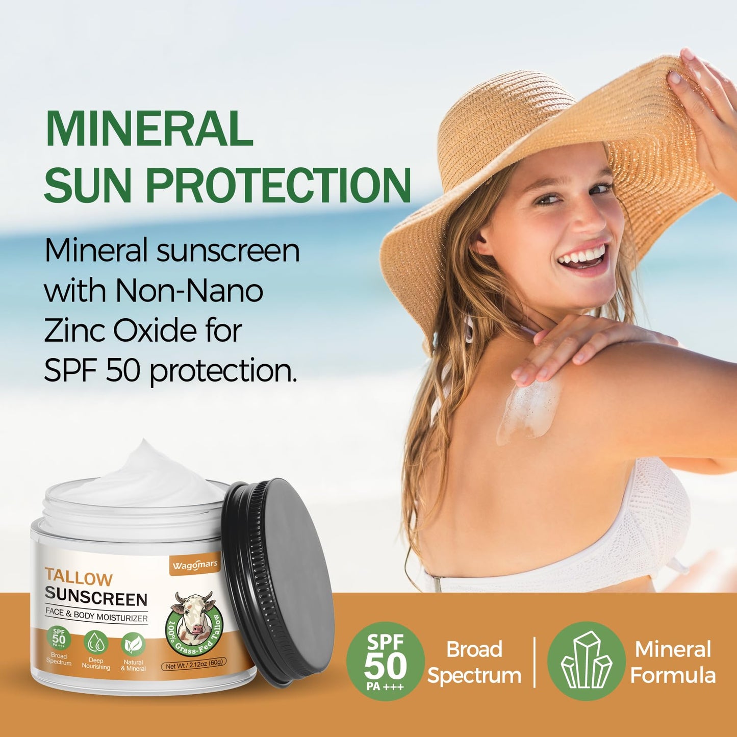 Wagomars Beef Tallow Sunscreen SPF 50 - Mineral Sunscreen with Zinc Oxide - Non-Toxic Natural Sunblock for Face & Body - Water Resistant, Reef Safe, Moisturizing for Dry and Sensitive Skin