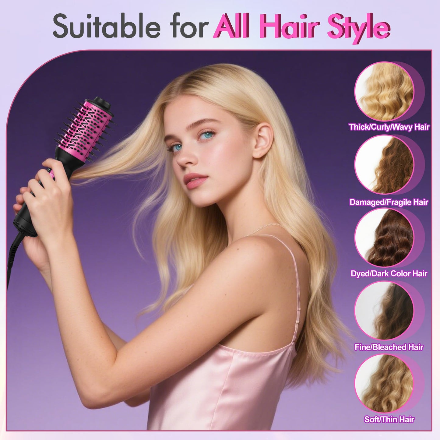 Dual Voltage Travel Hair Dryer Brush (100V-240V), Automatic Hot Air Brush with EU&UK Plug, 6 Inch Oval Barrel One Step Blow Dryer Brush and Negative Ion Anti-frizz Styling Brush（9″）