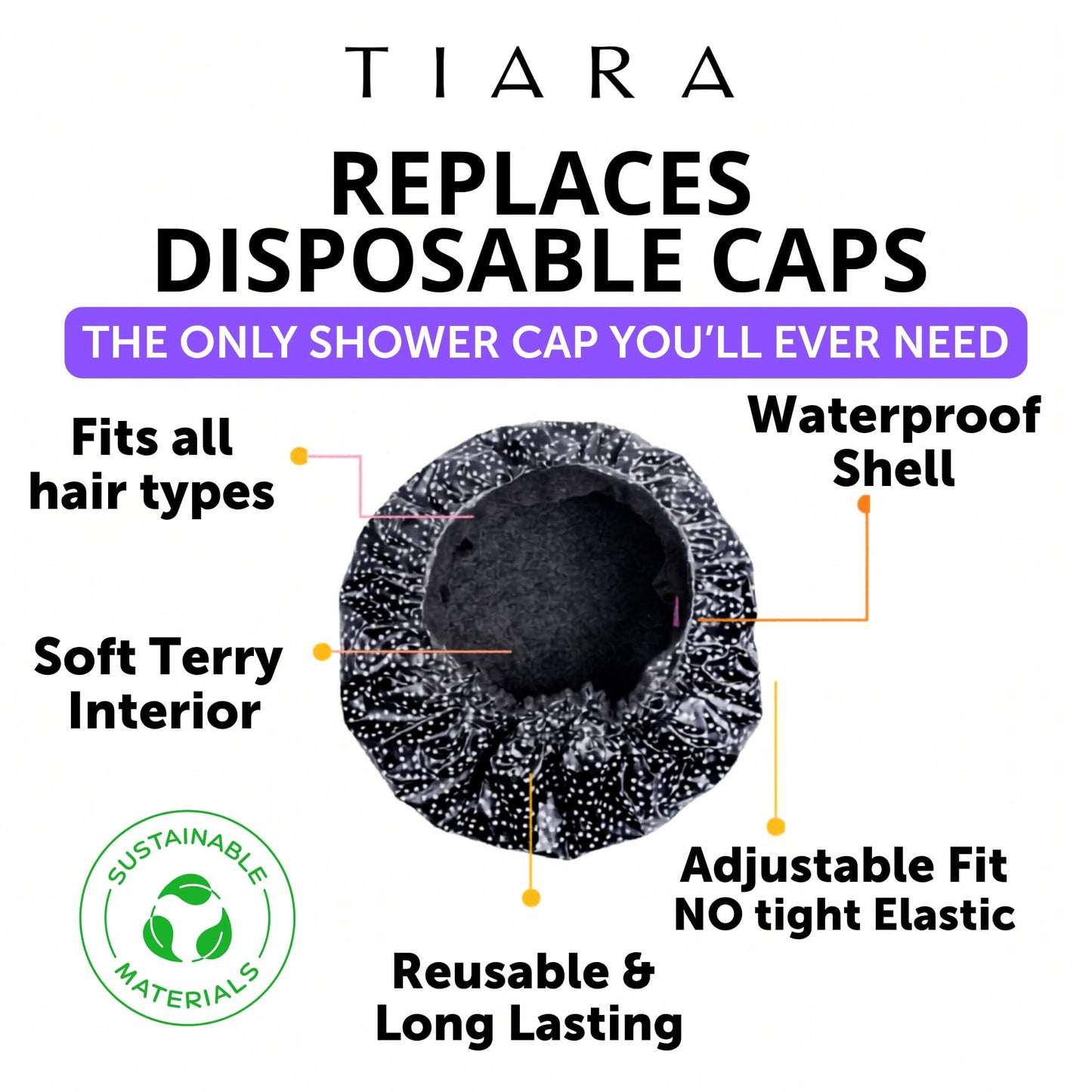 TIARA Reversible, Reusable, Waterproof Shower Cap – Large Shower Cap for Long. Short, Braided, or Thick Hair, Reversible Deep Conditioning Hair Cap, Soft Terry Lined, Machine Washable (Black Dots)