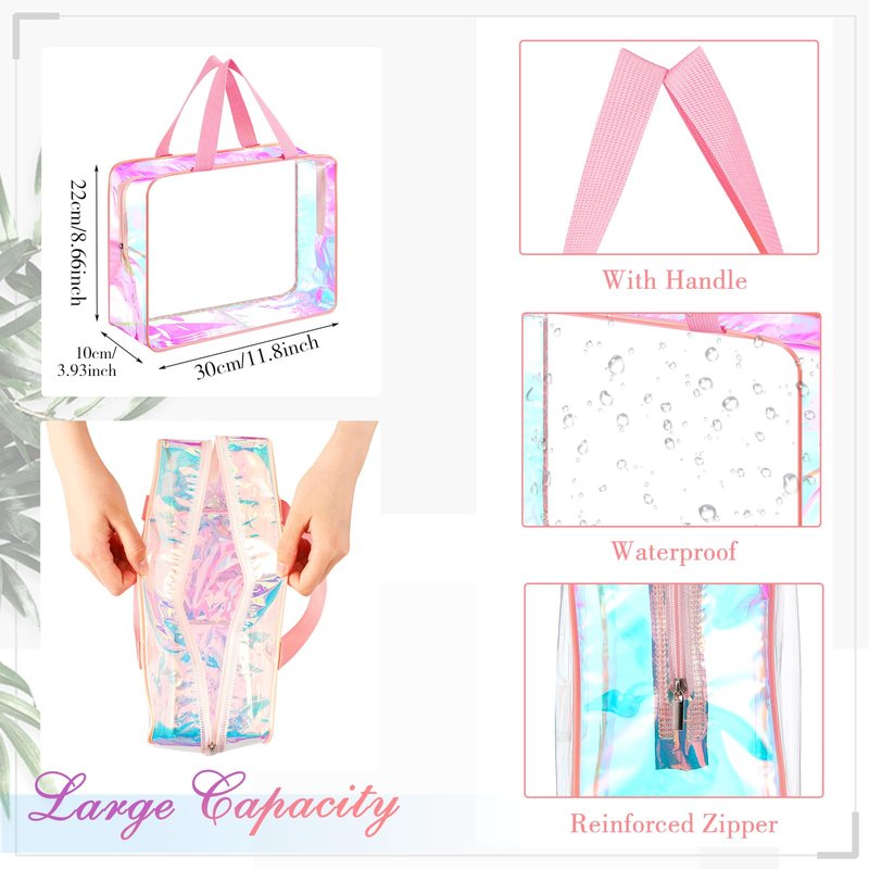 Sweetude 10 Pcs Large Clear Toiletry Bag with Handle Large Capacity Travel Iridescent Beach Makeup Bag PVC Clear Plastic Tote Punch Cosmetic Clothes Storage Organizer for Women Men (Pink)