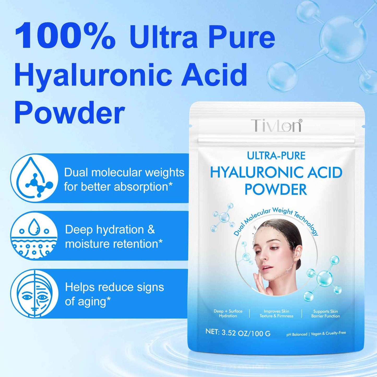 2pack Hyaluronic Acid Powder for Skin, Dual Molecular Weight Hyaluronic Acid Serum Powder, Skin Hydration, Reduce Wrinkles, Improve Skin Elasticity for DIY Serums, 200g