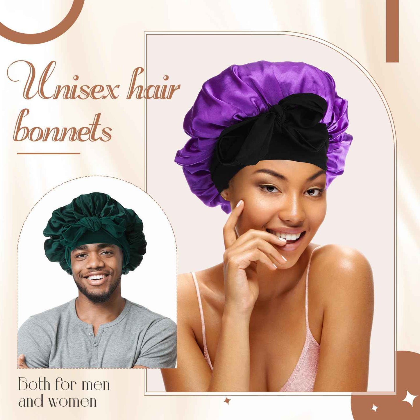 JaGely 4 Pcs Satin Bonnet for Women Tie Hair Bonnet for Sleeping Large 2 Layered Silk Cap With 8 Pcs Hair Scrunchies Double Layer Satin Bonnets (Dark Color)